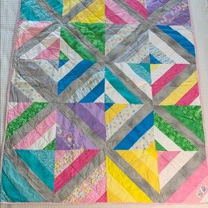 Handmade small lap quilt gray, pink, yellow, blue, purple, green